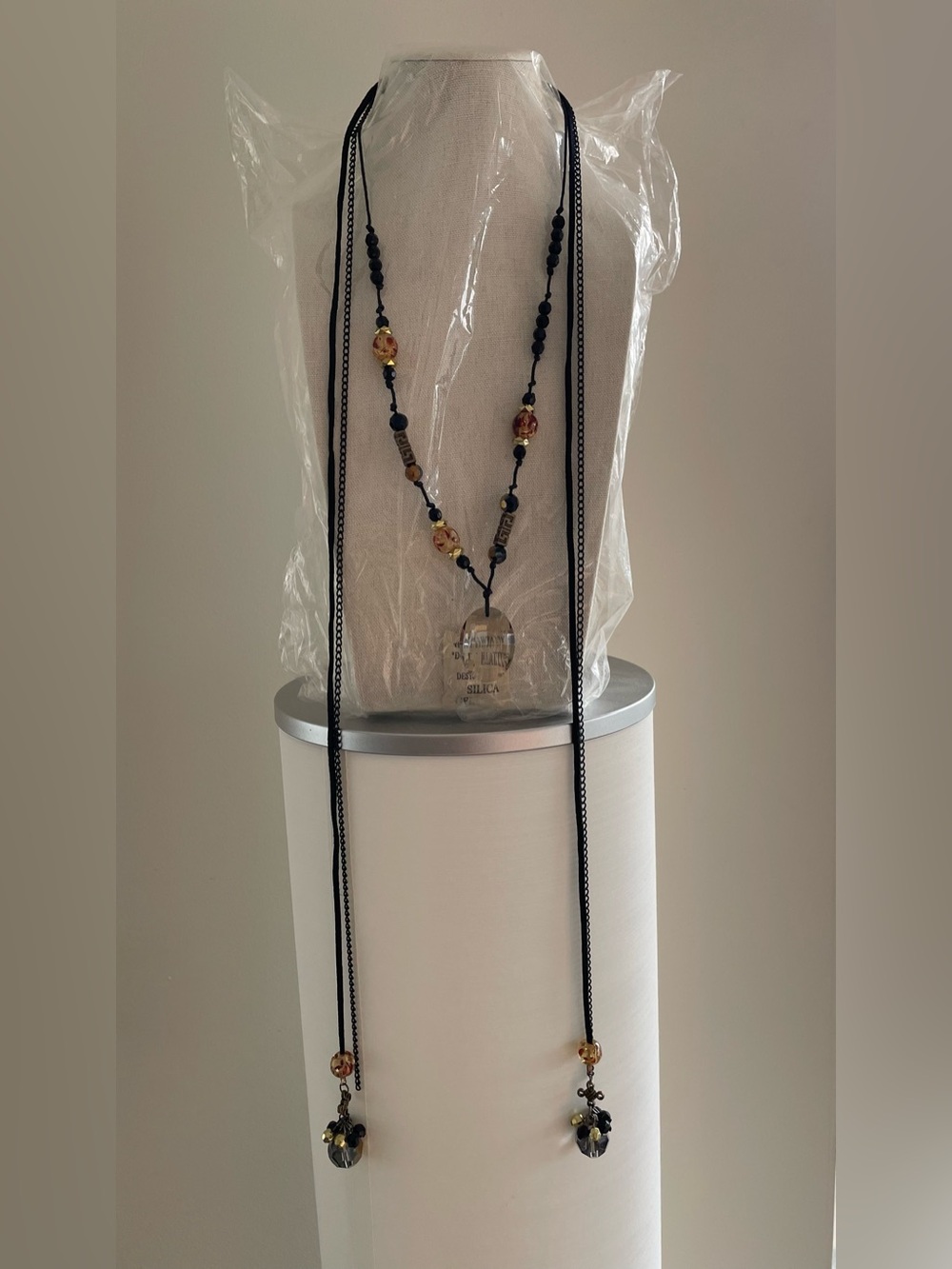 Black Beaded Long Necklace with Amber Accent Beads